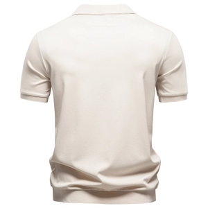 Detailed back view of off-white knitted polo shirt showing ribbed cuffs and hem texture