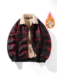 Men's winter red plaid jacket with thick sherpa fleece lining and ribbed cuffs