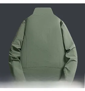 Back view of a green bomber jacket featuring a stand collar and elastic windproof cuffs