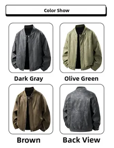 Chaqueta de gamuza para hombre en gris oscuro, verde y marrón vista frontal y trasera