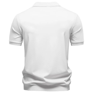 Detailed back view of white knit Polo shirt with ribbed cuffs and hem and smooth texture