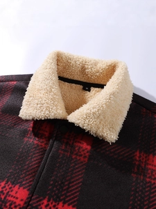 Men's winter red black plaid jacket with warm lamb wool collar and snap button closure
