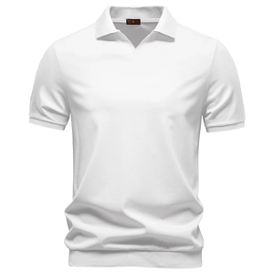Detail shot of white Tencel Polo shirt featuring a V-neck collar and smooth knitted texture