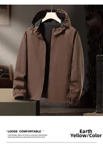 Close-up of khaki hooded jacket showing lightweight nylon fabric and elastic cuffs