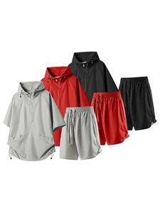 Men's breathable quick-dry hooded short sleeve sports suit in three versatile colors