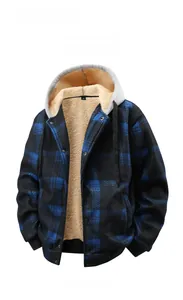 Detail of fleece lining and metal snap buttons on men's plaid hooded jacket