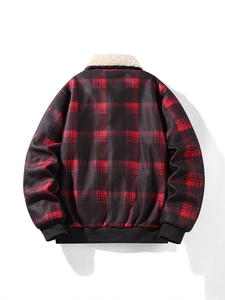 Men's winter red buffalo plaid wool jacket with fleece collar and ribbed cuffs