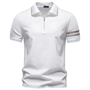 Detail of white men's polo shirt with zipper collar and brown stripe accents