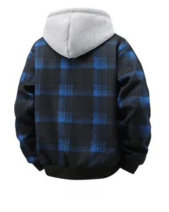 Rear view of men's blue plaid hooded jacket with grey hood and ribbed cuffs