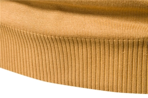 Detail of the camel knit sweater showing high-quality rib-knit texture and soft fabric
