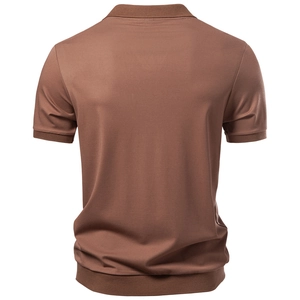 Detail view of the back of a coffee brown Tencel Polo shirt with ribbed hem and cuffs