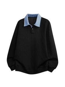 Men's black knit sweatshirt with plaid polo collar and classic button placket detail