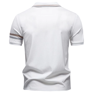 Detail view of white short-sleeve Polo shirt back with brown striped collar and cuffs