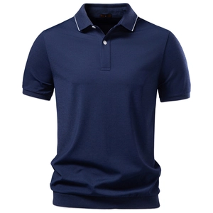 Close-up of dark blue Polo shirt with white stripe trim on the collar and ribbed cuffs