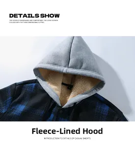 Detail of fleece lining and blue plaid pattern on hooded outdoor jacket for men
