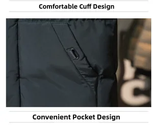 Dettaglio della giacca invernale trapuntata nera con tasche inclinate e linguette decorative
