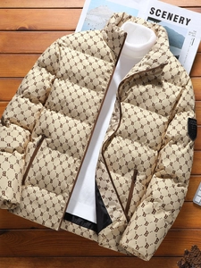 Men's Winter Padded Jacket Stand Collar Letter Monogram Print Windproof Padded Coat Thick Warm Casual Outerwear Streetwear