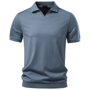 Detailed close-up of blue-grey Polo shirt with V-neck collar and ribbed sleeve cuffs