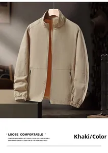 Detail of khaki pilot jacket showing stand collar, front zipper, and breathable orange lining
