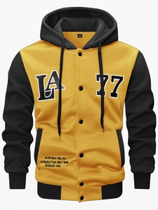Detail of LA 77 embroidery and snap buttons on yellow knit hooded jacket