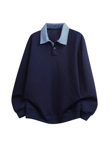 Men's dark blue long sleeve polo sweatshirt with cable knit texture and plaid collar