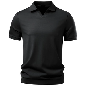 Close-up of black tencel knit polo shirt featuring a rib-knit Johnny collar and cuffs