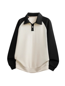 Men's polo collar color-block jacquard sweatshirt with raglan sleeves and waffle texture