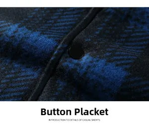 Macro detail showing the snap button placket and navy patterned fabric texture