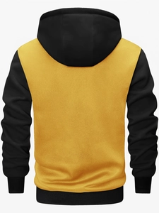 Back view of men's casual contrast hoodie with yellow body and black sleeves