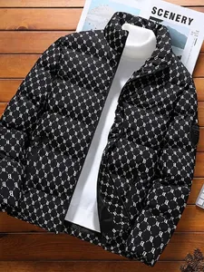 Men's winter puffer jacket with all-over white B pattern and a sleek stand-up collar