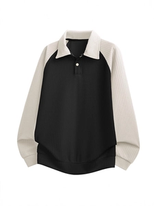 Men's autumn long-sleeve polo sweatshirt with black and beige contrast panel design