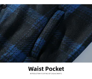 Macro shot of waist pocket and tight stitching on blue plaid fleece casual shorts