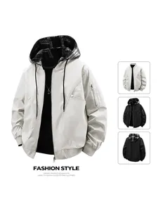 Men's Casual Bomber Jacket With Detachable Hood Plaid Lining Windproof Outdoor Zip Up Jacket Outerwear For Men Plus Size