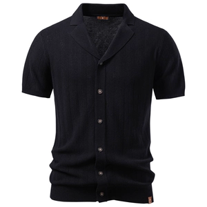 Detail of black knit polo cardigan showing vertical ribbed texture and button closure