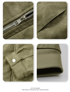 Detalle de la chaqueta de ante verde militar con cremalleras metálicas y dobladillo acanalado