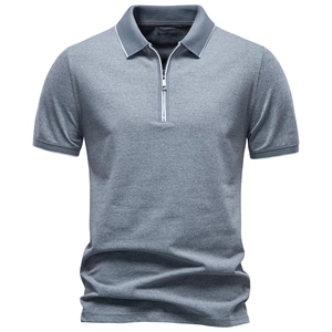 Close-up of men's polo shirt with metal zipper neckline and white striped trim details