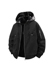 Men's oversized black outdoor sport jacket with hood and classic plaid inner lining