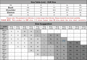 Detailed size chart for men's business shirt with EUR sizing and measurement guide