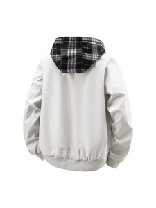 Men's light grey hooded jacket with blue plaid lined hood and outdoor casual fit