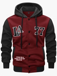 Close-up of contrast sleeves and LA 77 embroidery on a burgundy hooded jacket