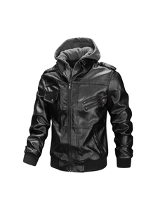 Veste à Capuche en Similicuir pour Homme Manteau de Motard en PU Vintage avec Capuche en Maille Amovible Poches Zippées Poignets Nervurés Décontracté
