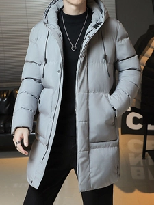 Parka invernale da uomo medio-lungo grigio chiaro con cappuccio, trapuntato e caldo