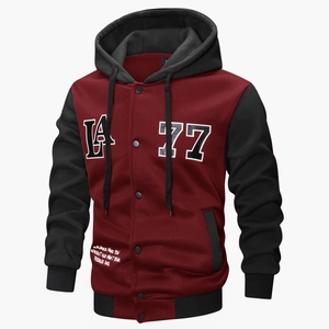 Detail of LA 77 embroidery and snap buttons on a burgundy varsity hooded jacket