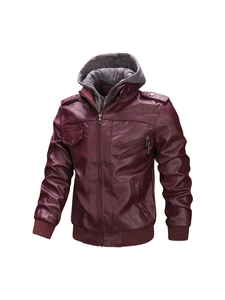 Veste en similicuir bordeaux pour homme avec capuche grise amovible et bords-côtes