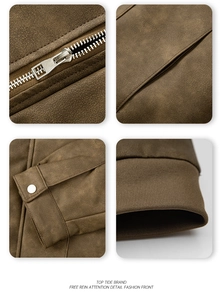 Detalles de chaqueta de gamuza marrón con cremallera metálica y acabados de punto elástico