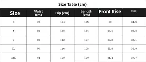 Detailed size chart for men's casual trousers including waist, hip, and length measurements