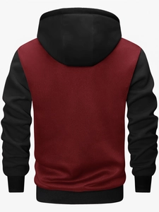 Rear view of casual hooded jacket with deep red body and black contrast sleeves