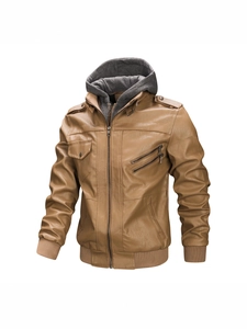 Veste de moto homme en similicuir marron avec capuche grise amovible et poches zippées