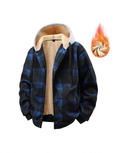Men Hooded Plaid Jacket Thick Warm Sherpa Fleece Lined Contrast Hood Casual Outdoor American Retro Winter Coat For Men