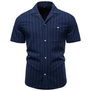 Chemise Décontractée Homme Mélange Coton Col Cubain Rayures Verticales Manches Courtes Vintage Business Top